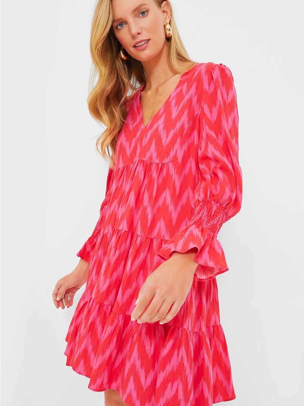 Pomander Place Hot Pink Ikat Kenzo Dress V-Neck Tiered Long-Sleeve Dress Size L